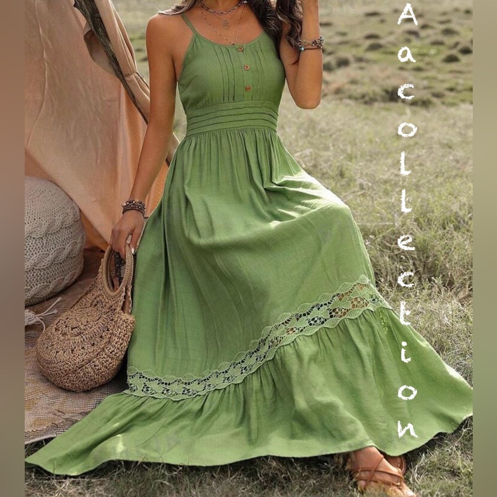 Boho Sheer Mesh Floral Lace Cami Tank Top Maxi Dress Green